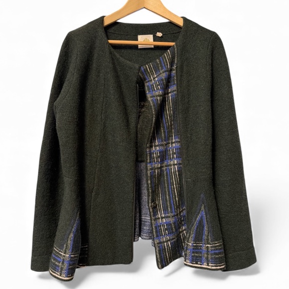 HWR Monogram Anthropologie Zip Peplum Sweater Dark Green Grey Plaid Medium - Picture 3 of 4